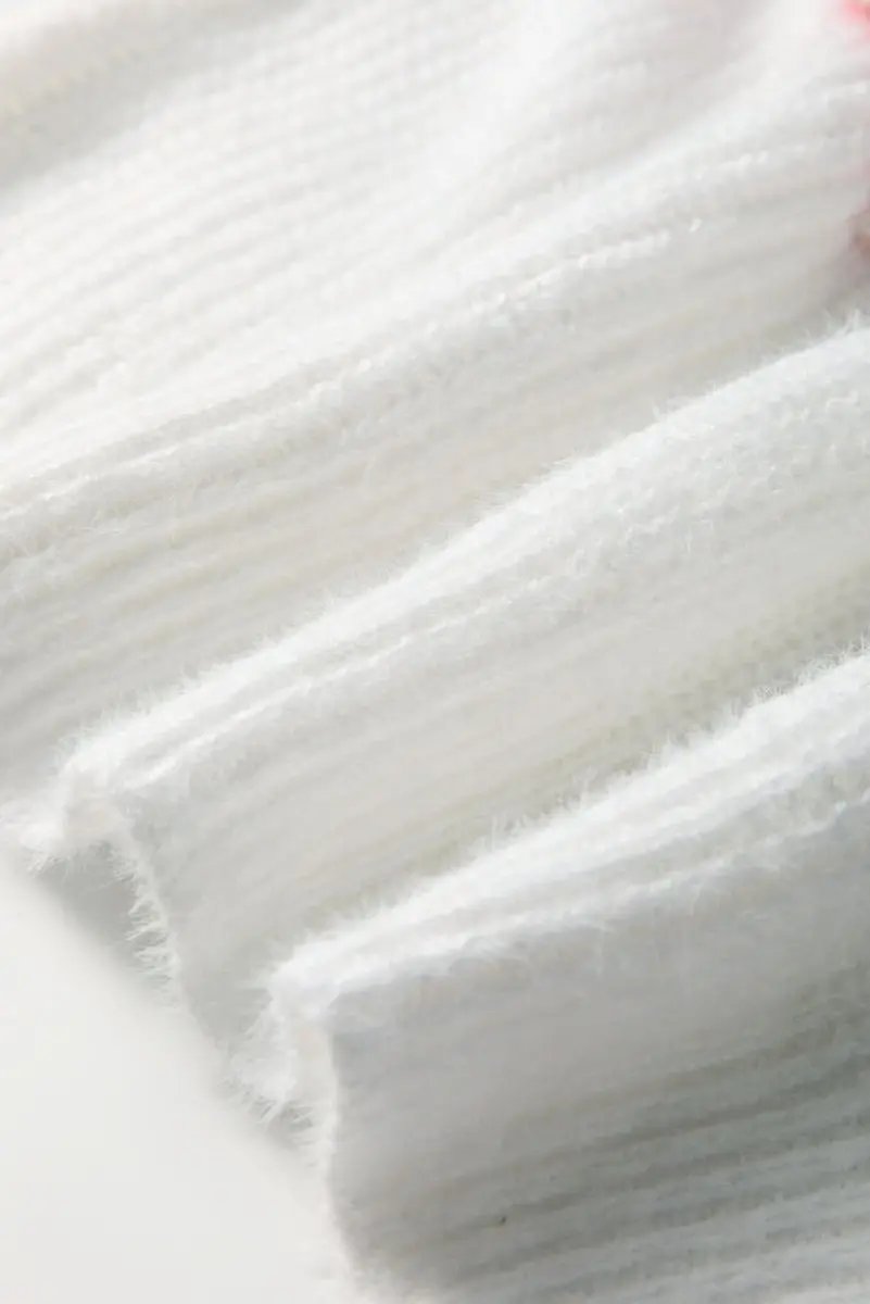 White Pearl Beaded Heart Pattern Fuzzy V Neck Sweater - Love Salve